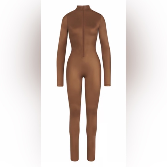 SKIMS All in One Shine Mock Neck Long Sleeve Onesie Catsuit in Caramel Size XL - Picture 2 of 14